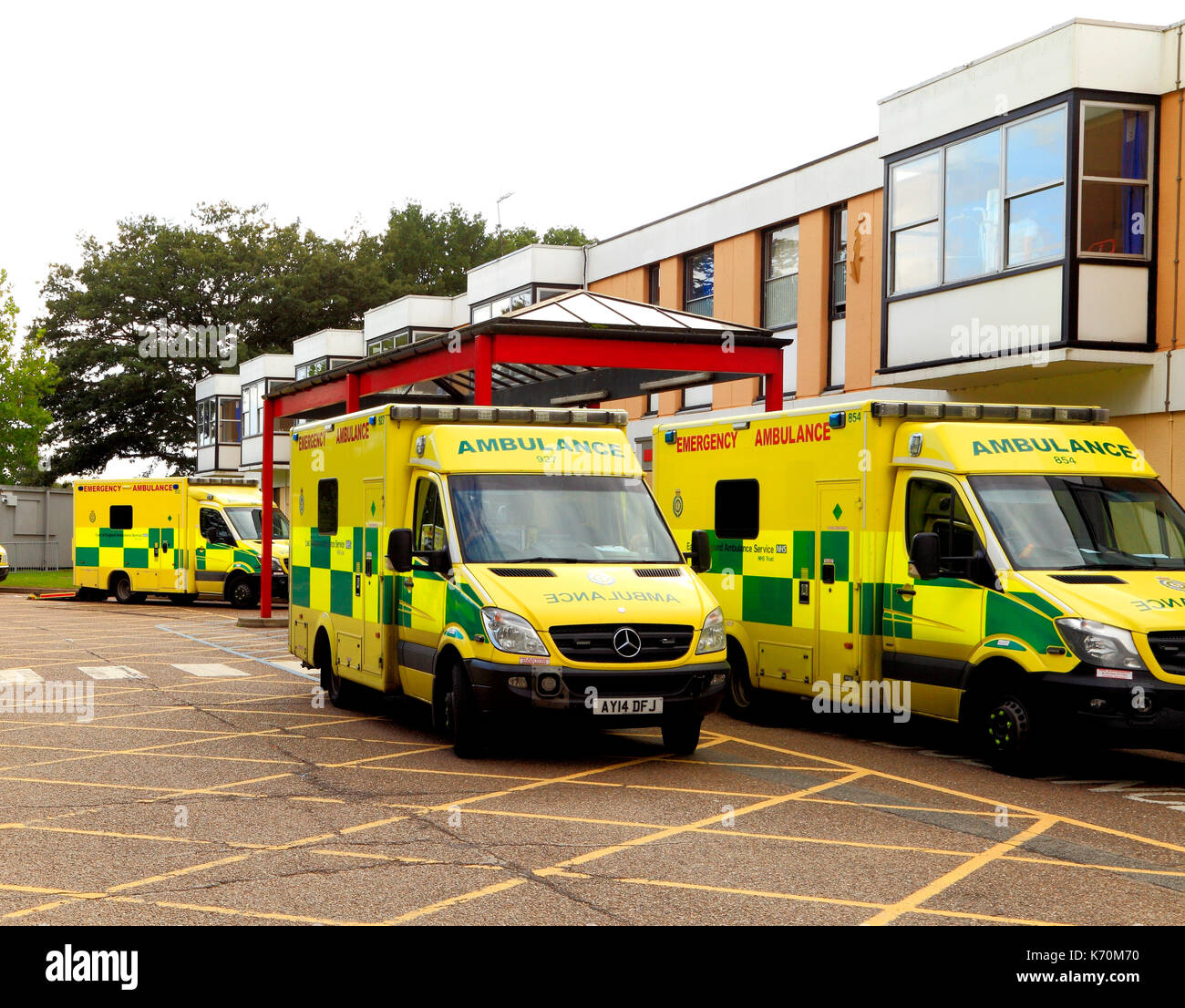 Queen Elizabeth Hospital, Unfall & Emergency Unit, A&E, Krankenwagen, Polizeiwagen, Kings Lynn, Norfolk, England, UK, NHS Krankenhäuser, Rettungsdienste Stockfoto