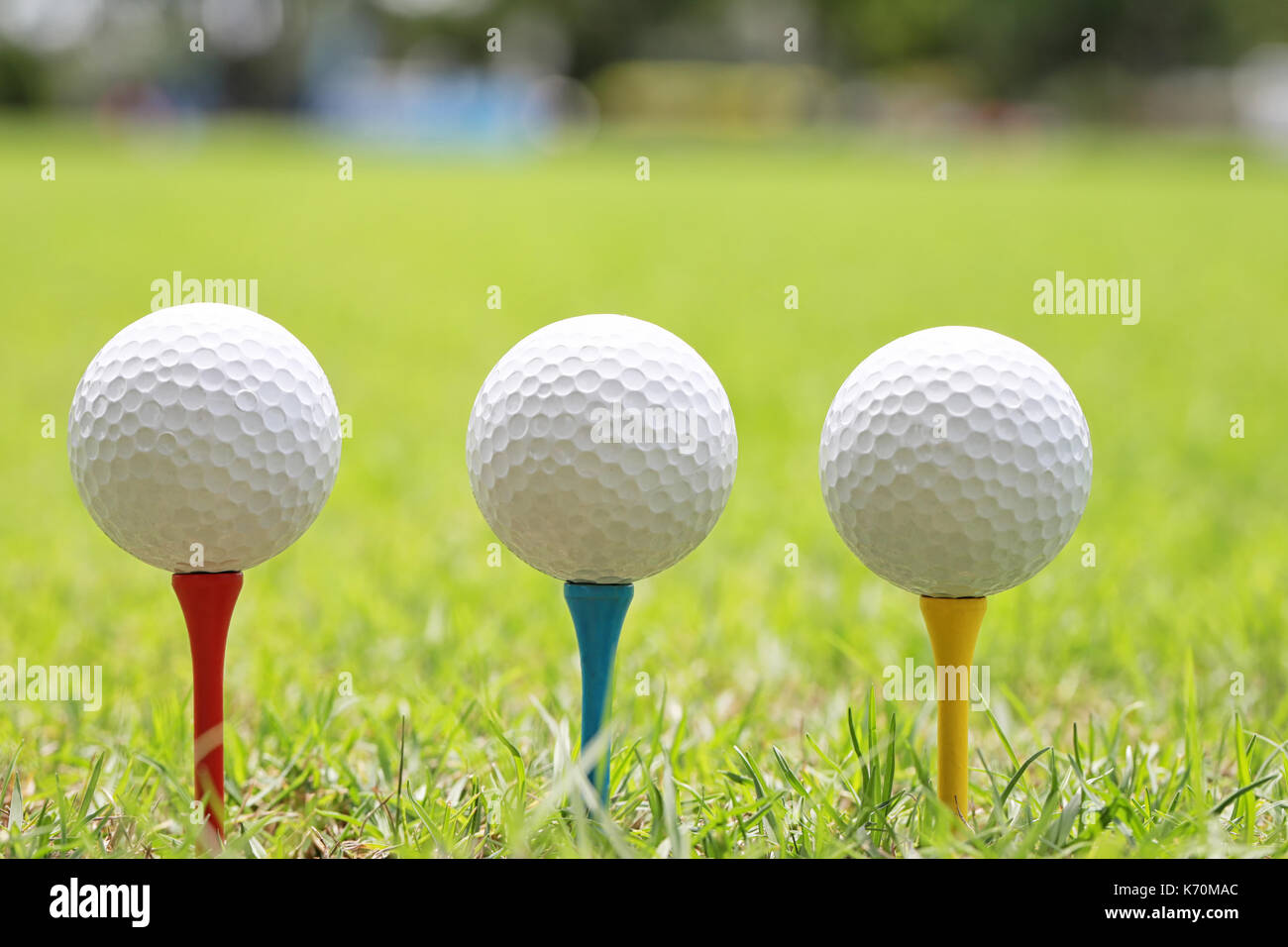 Golf Ball auf Holz-T-Stück auf dem grünen Rasen zu sticken Vorbereiten für Hit. Stockfoto