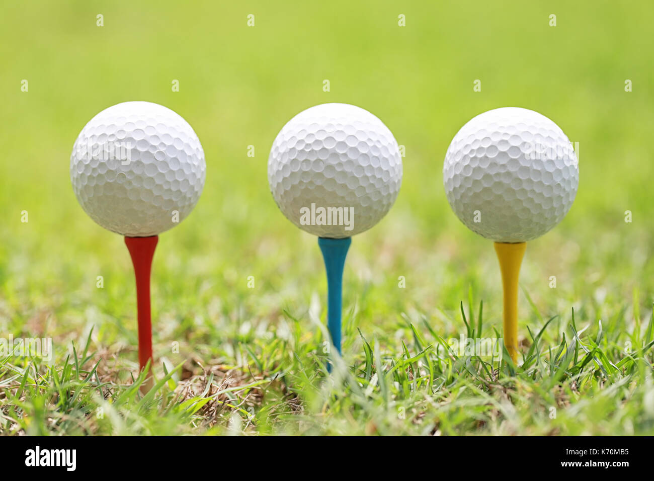 Golf Ball auf Holz-T-Stück auf dem grünen Rasen zu sticken Vorbereiten für Hit. Stockfoto