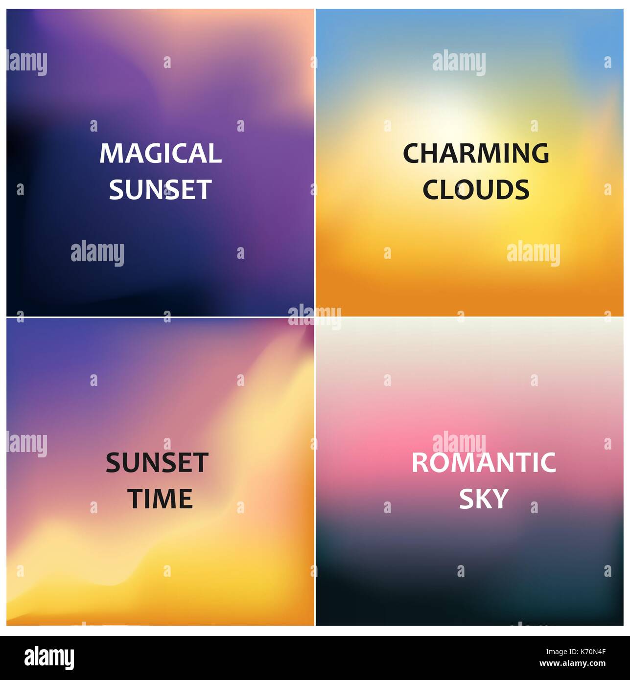Satz von vier verschwommenen Hintergrund. Magischen Sonnenuntergang, Wolken, Sonnenuntergang und romantische Himmel. Vector Illustration Stock Vektor