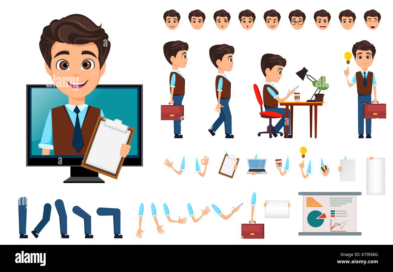 Character Creation eingestellt. Young Business Mann mit verschiedenen Emotionen, in unterschiedlichen Posen. Cartoon Geschäftsmann. Vector Illustration Stock Vektor