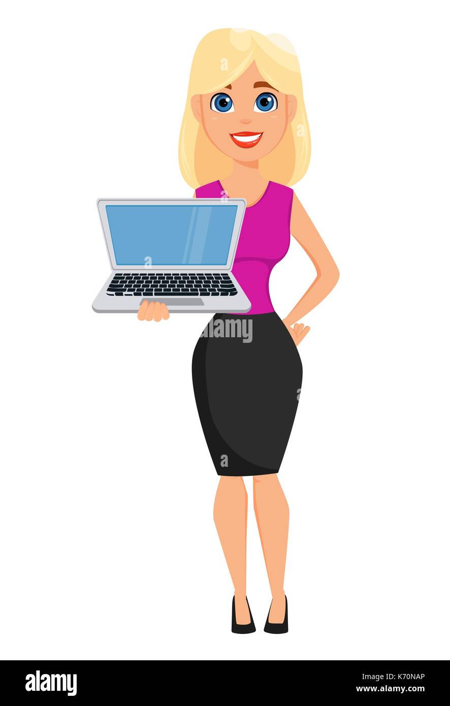 Business woman cartoon Charakter. Süße blonde Geschäftsfrau Holding modernen Laptop. Vector Illustration auf weißem Hintergrund. Stock Vektor