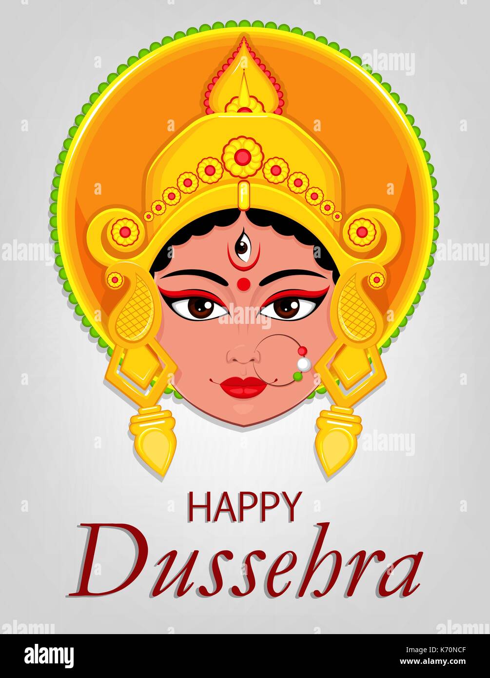 Happy Dussehra Grußkarte. Maa Durga Gesicht für hinduistische Fest. Vector Illustration auf hellgrauem Hintergrund Stock Vektor