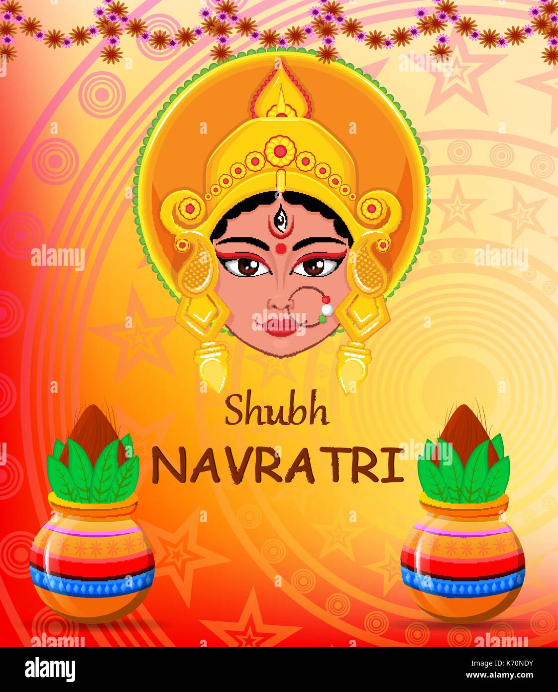 Happy Navratri Vector Illustration. Maa Durga Gesicht und Töpfe mit Kokosnuss auf abstrakten Hintergrund für hinduistische Fest. Stock Vektor