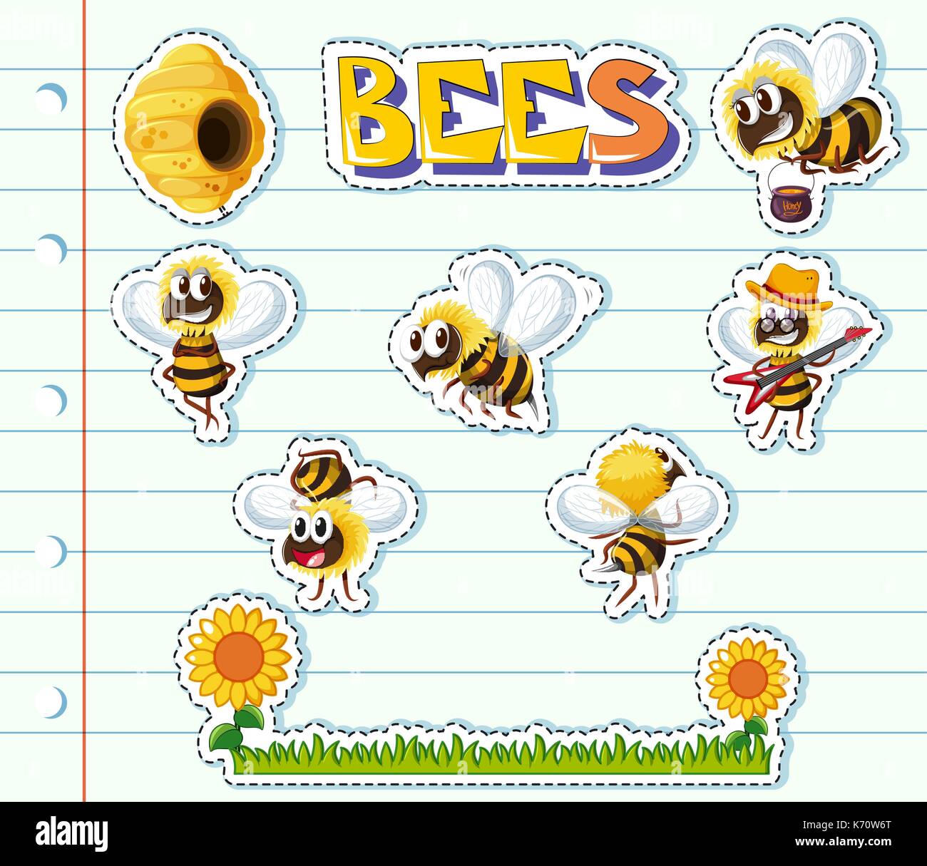 Bienen und Blumen Garten auf Linie Papier Abbildung Stock Vektor