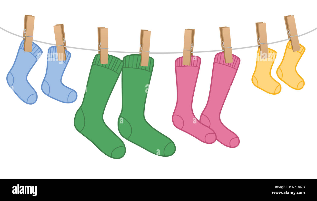 Wäscheleine mit Wollsocken, Familie - verschiedene Farben und Größen für Eltern und Kinder. Comic Illustration auf weißem Hintergrund Stockfoto