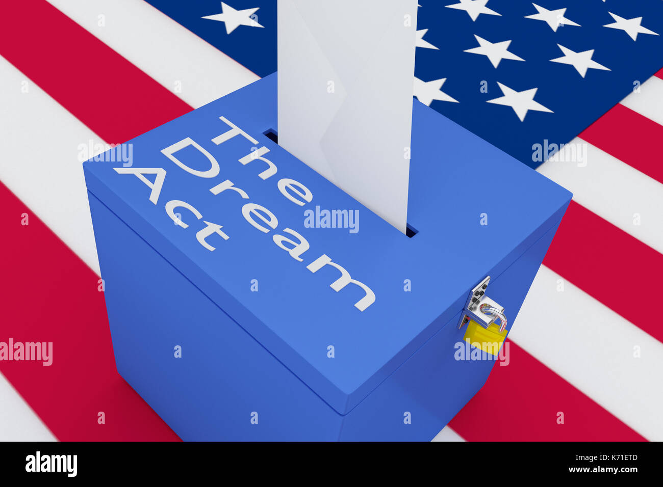 3D-Abbildung: "Der Traum" Skript auf einer Urne, mit US-Flagge als Hintergrund. Stockfoto