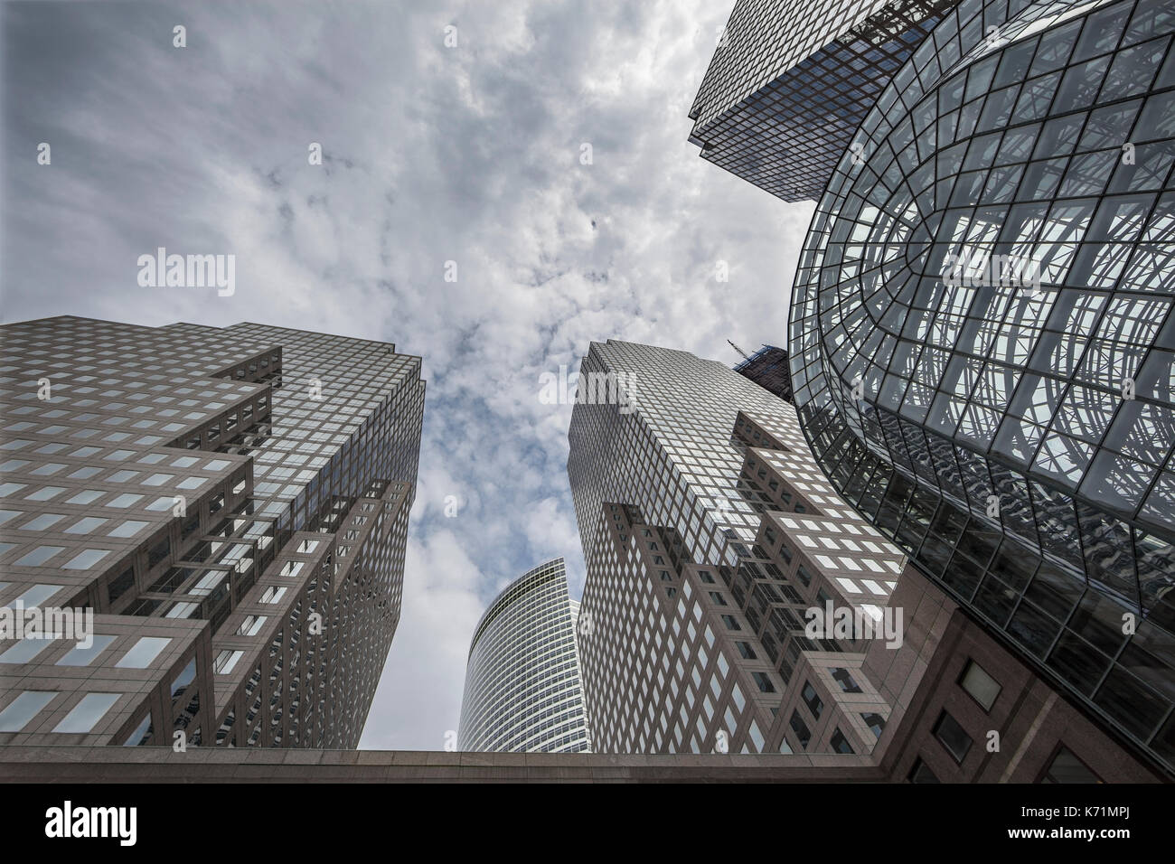 Von links nach rechts, AT&T Gebäude, Goldman Sachs, American Express Tower, zwei World Financial Center in Manhattan, New York City Stockfoto