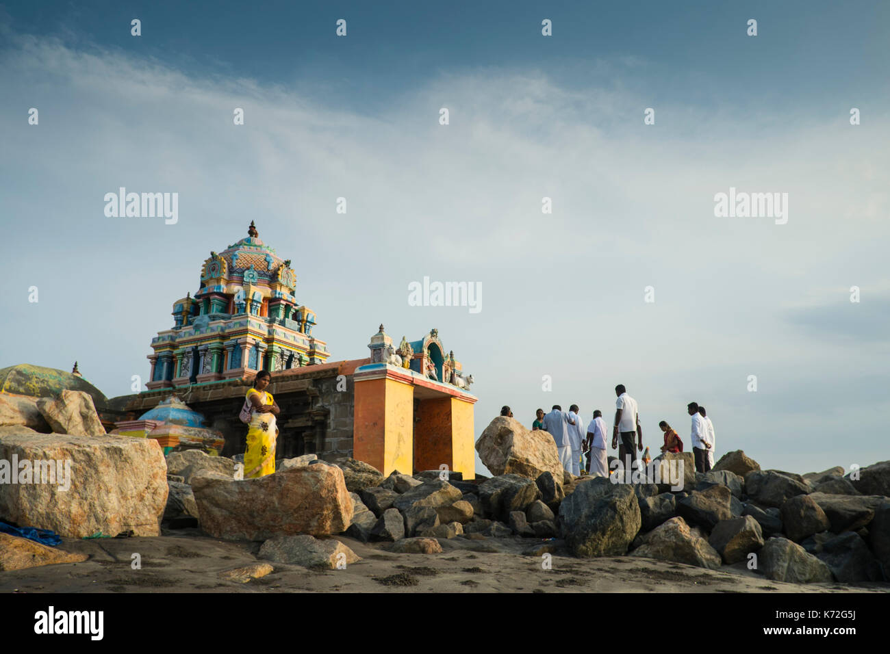 Die Masilamani Nathar Tempel auf den Strand von Tranquebar. Dieser Tempel überlebte den Tsunami von 2006. Dieser Tempel ist der älteste Monument, das hier als Stockfoto