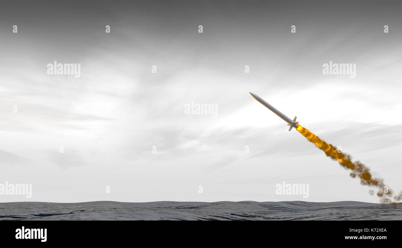 Eine interkontinentale ballistische Rakete starten über den Ozean an einem düsteren Grau Himmel backgrund - 3D-Rendering Stockfoto