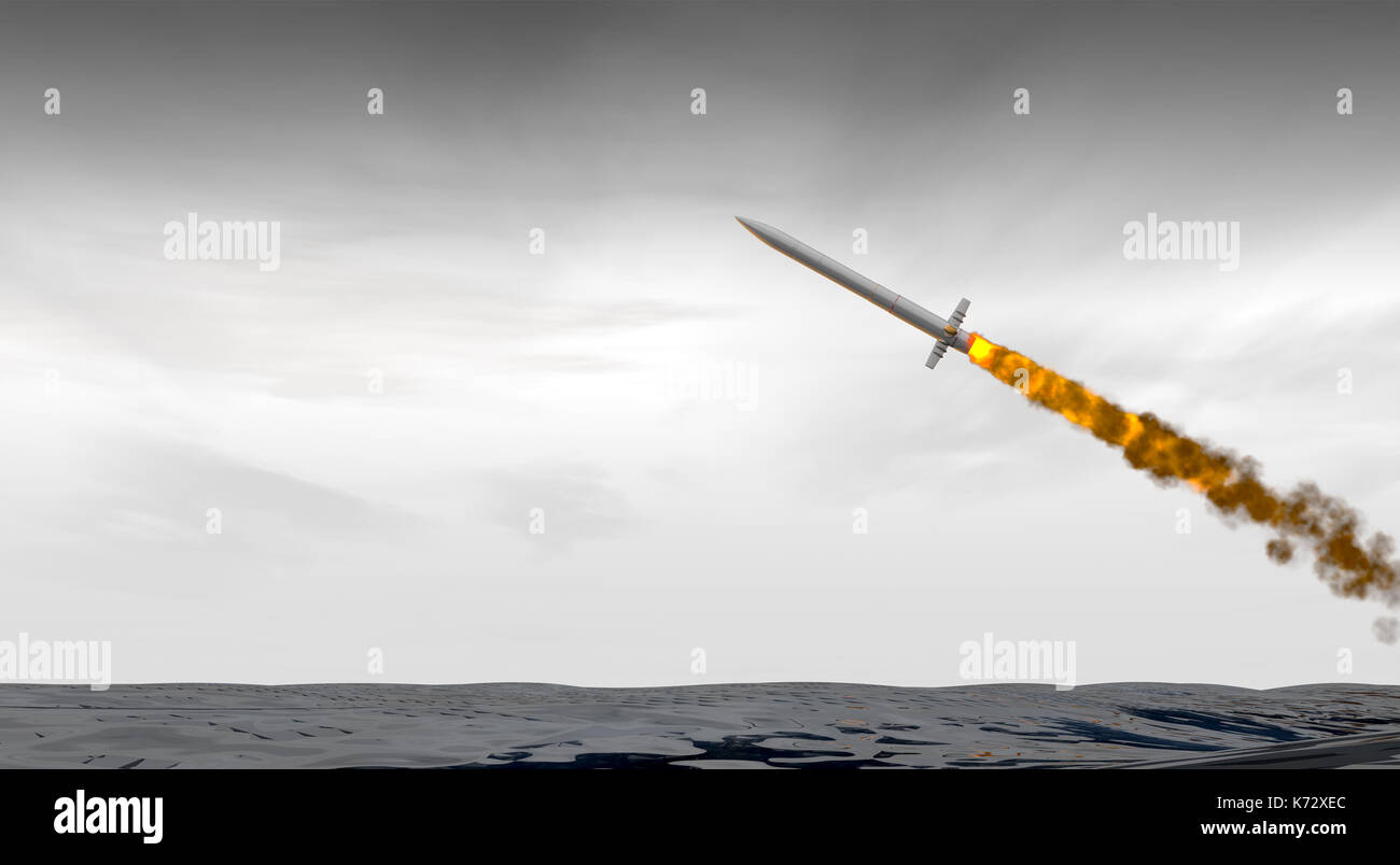 Eine interkontinentale ballistische Rakete starten über den Ozean an einem düsteren Grau Himmel backgrund - 3D-Rendering Stockfoto