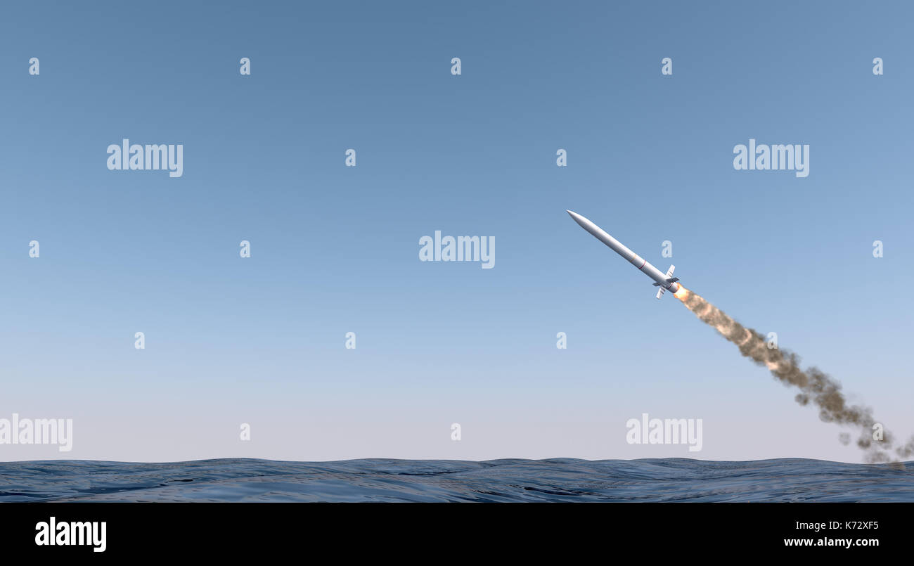 Eine interkontinentale ballistische Rakete starten über den Ozean auf einem blauen Himmel backgrund - 3D-Rendering Stockfoto