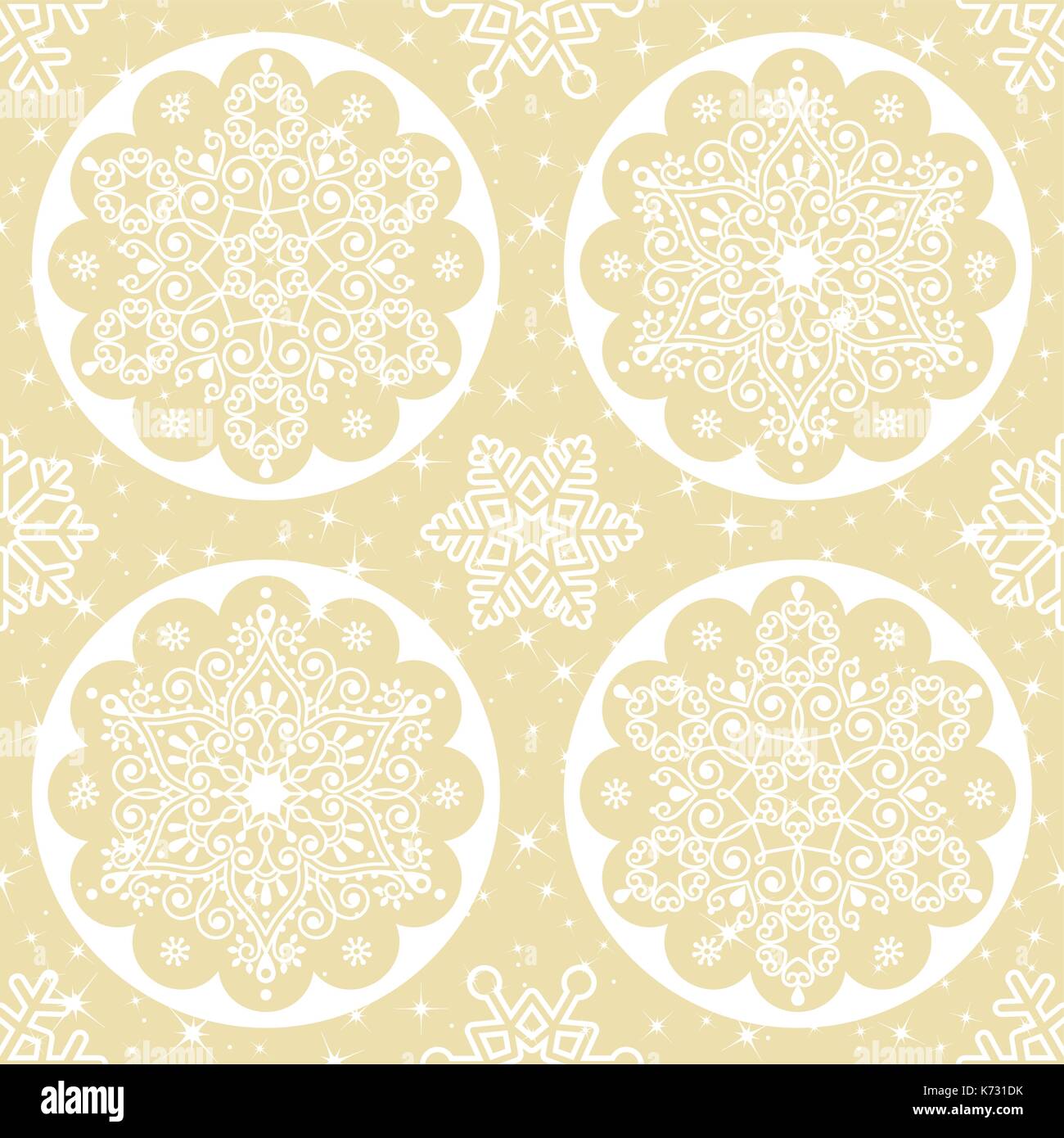 Weihnachten Vektor folk Muster - weiße Schneeflocke Mandala nahtloses Design auf Gold Hintergrund, skandinavischen Stil Xmas Wallpaper, Geschenkpapier oder texti Stock Vektor