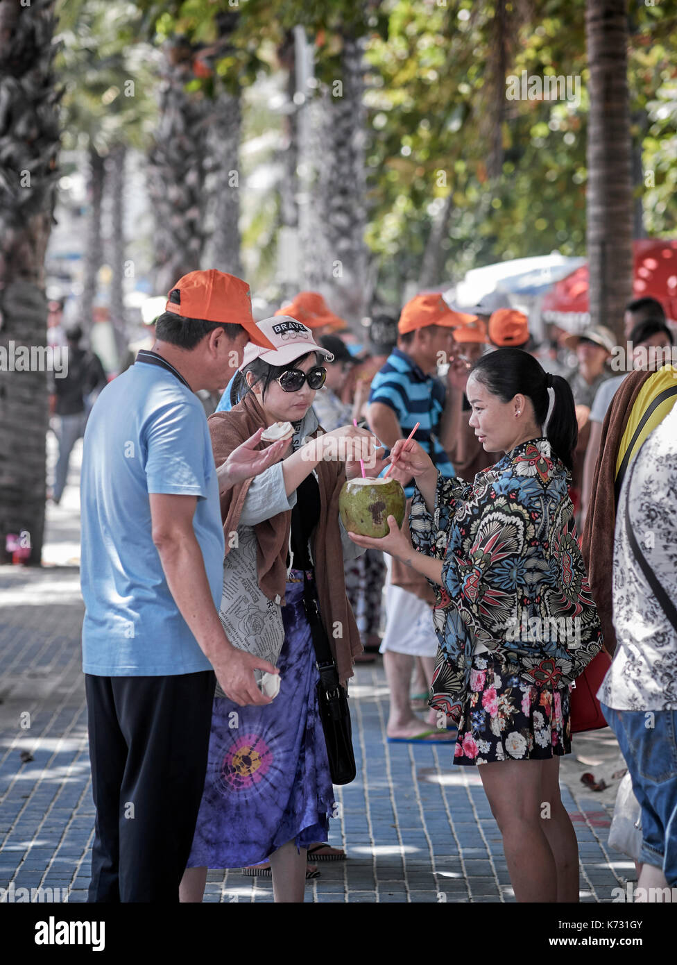 Chinesische Touristen teilen sich einen Kokosnuss-Drink in Pattaya Thailand Südostasien. Chinesische Touristengruppe. Pattaya Beach Road Stockfoto