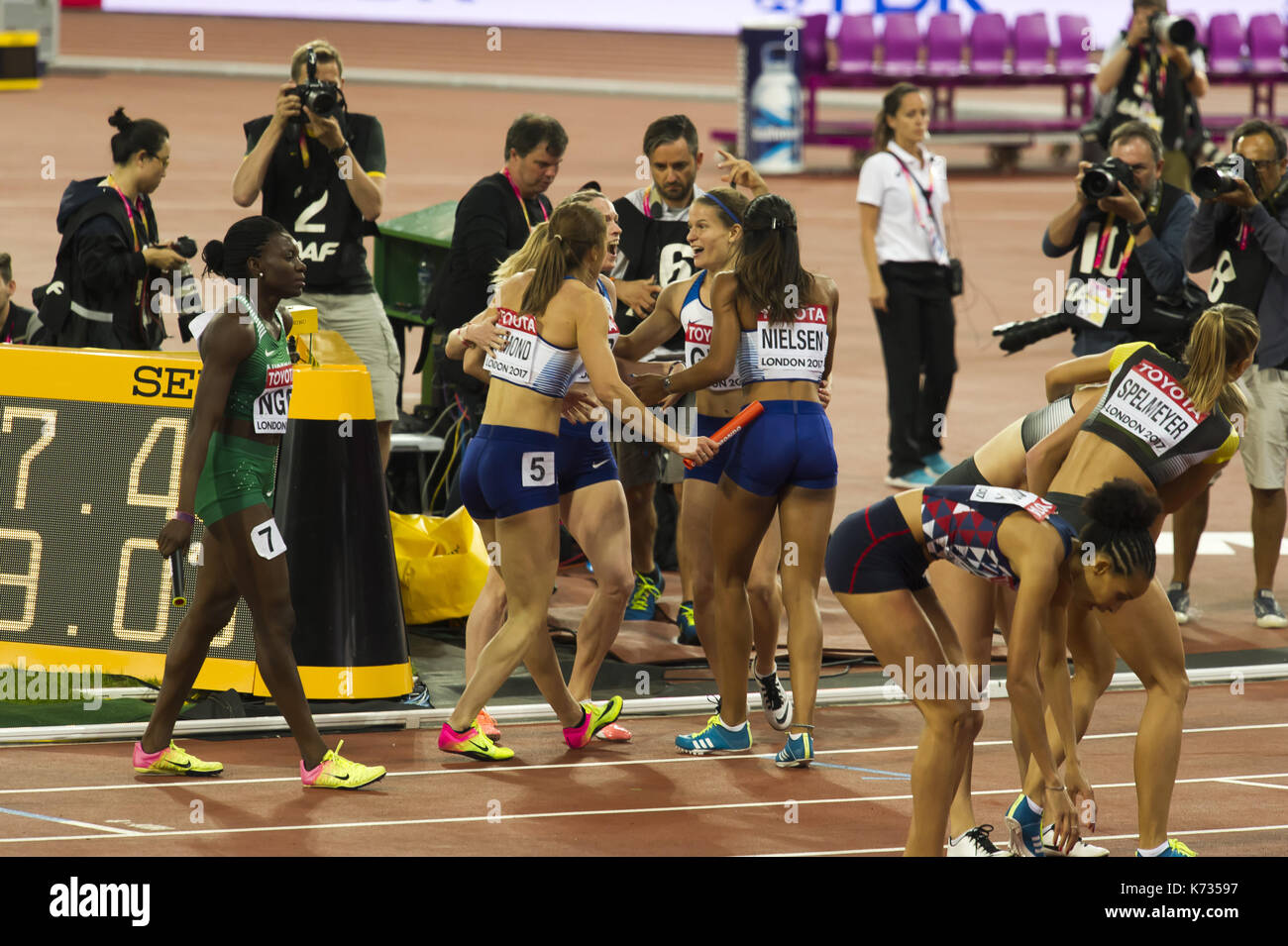 IAAF Weltmeisterschaften London 2017 Frauen 4x400m Staffel finale Mit Zoey Clark, Laviai IAAF Weltmeisterschaften London 2017 Frauen 4x400m Staffel finale Mit Zoey Clark, Laviai