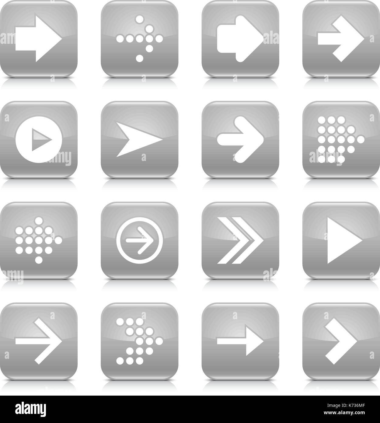16 Pfeil Icon Set 01. Weiße Zeichen auf Grau abgerundete quadratische Schaltfläche mit grauen Reflexion, schwarzer Schatten auf weißem Hintergrund. Glänzend Stil Stock Vektor