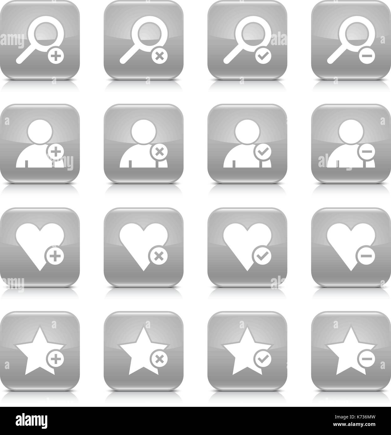 16 zusätzliche Icon Set 07. Weiße Zeichen auf Grau abgerundete quadratische Schaltfläche mit grauen Reflexion, schwarzer Schatten auf weißem Hintergrund. Glänzend Stil Stock Vektor