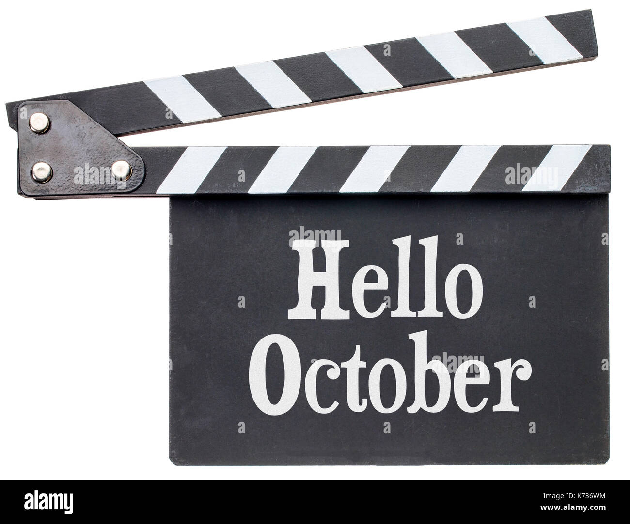 Hallo Oktober Film Titel in weiße Kreide auf Schindeln isoliert auf weißem Stockfoto