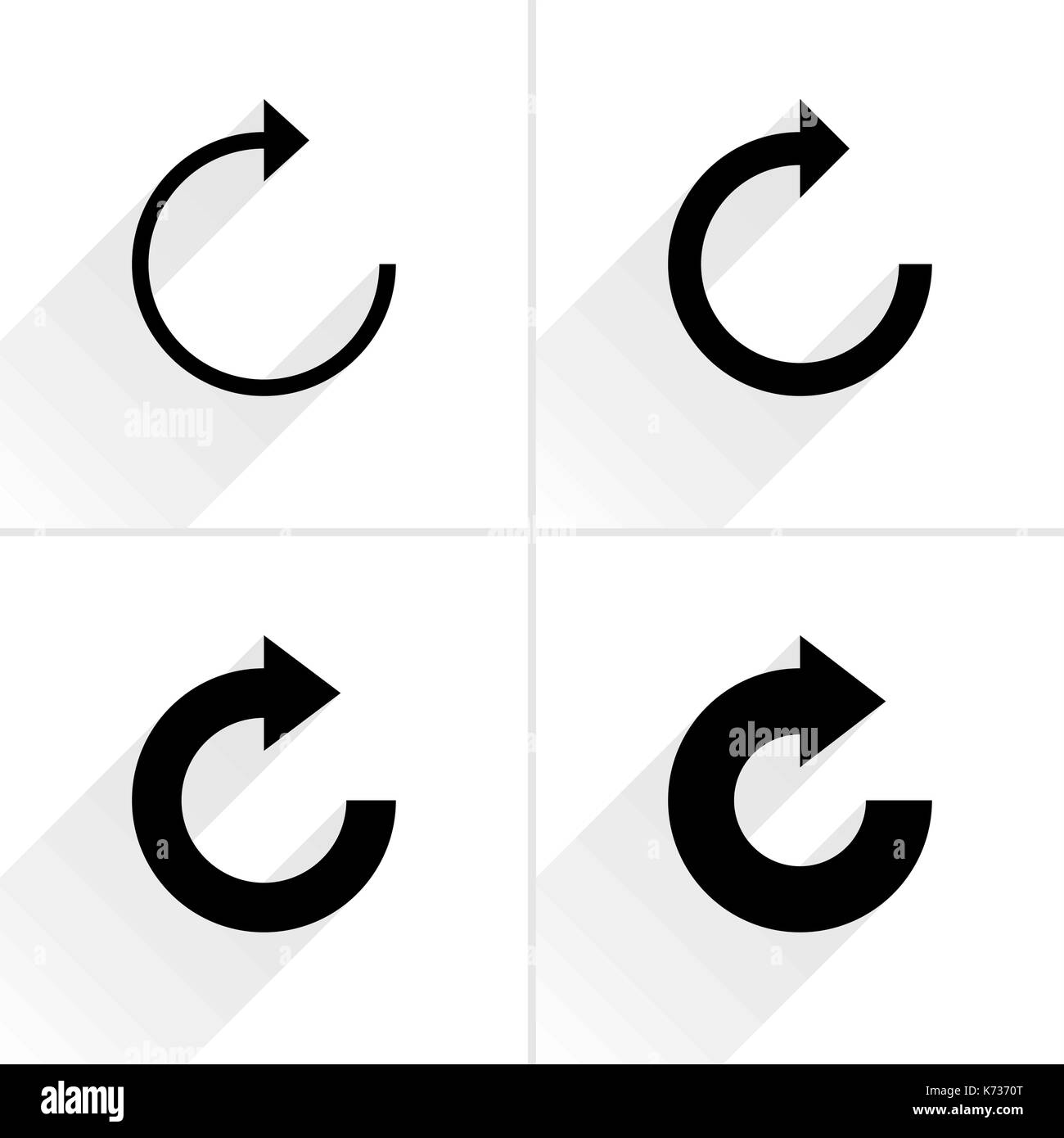 4 Pfeilsymbol. Set 05. Wiederholen, Neu Laden, Aktualisieren, Rotation, reset unterzeichnen. Piktogramm schwarz mit grauen langen Schatten auf weißem Hintergrund. Einfache, solide, Normalpapier, Stock Vektor