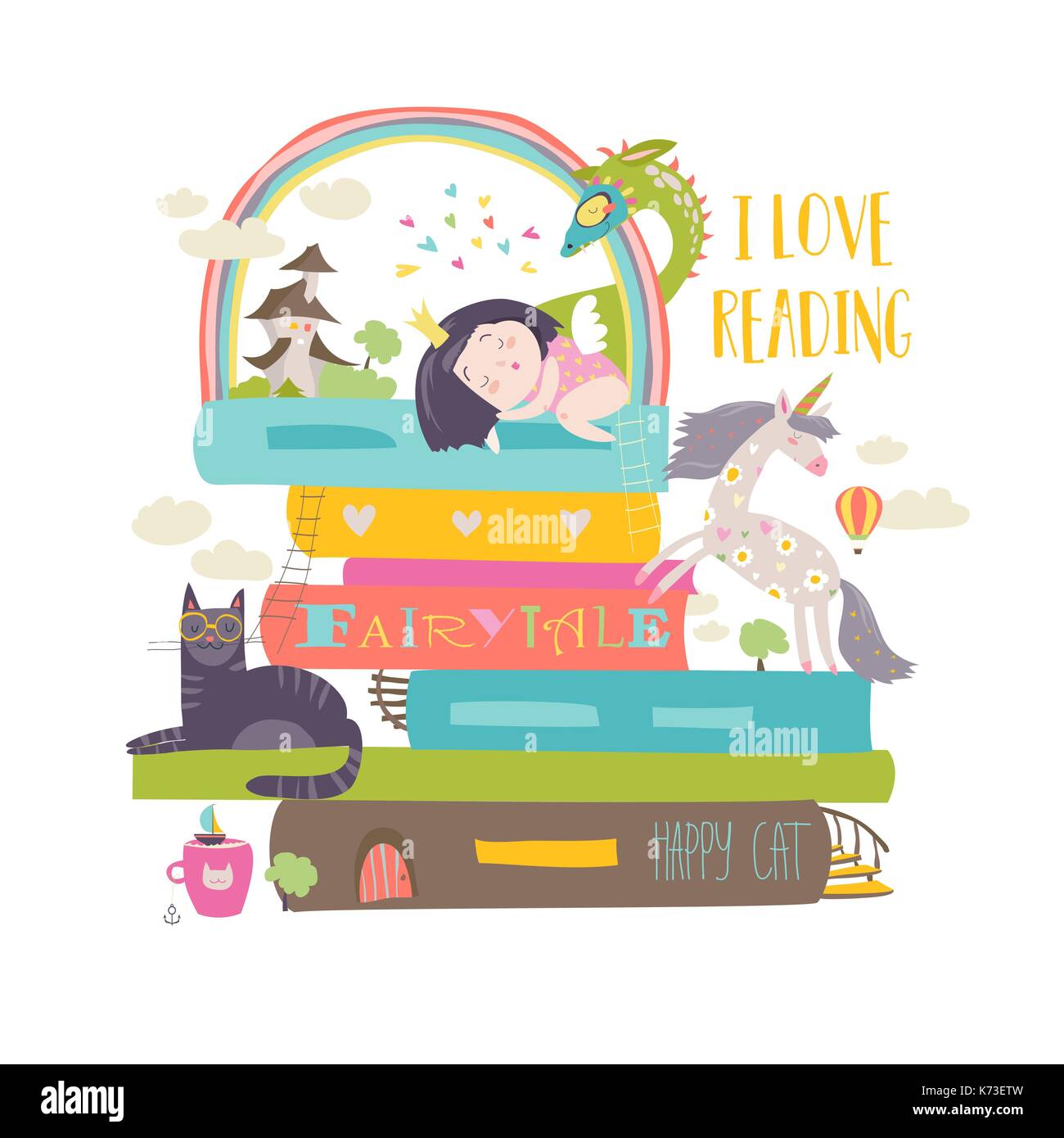 Märchen Konzept mit Buch, Einhorn, Drache, Prinzessin und mittelalterliche Burg Stock Vektor