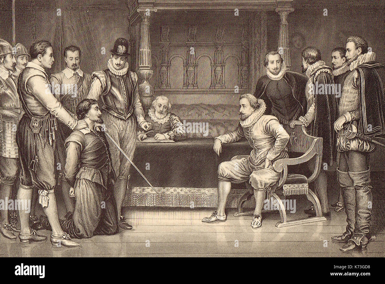 Die gunpowder Plot, Guy Fawkes das Niederknien vor König James I, 1605 Stockfoto