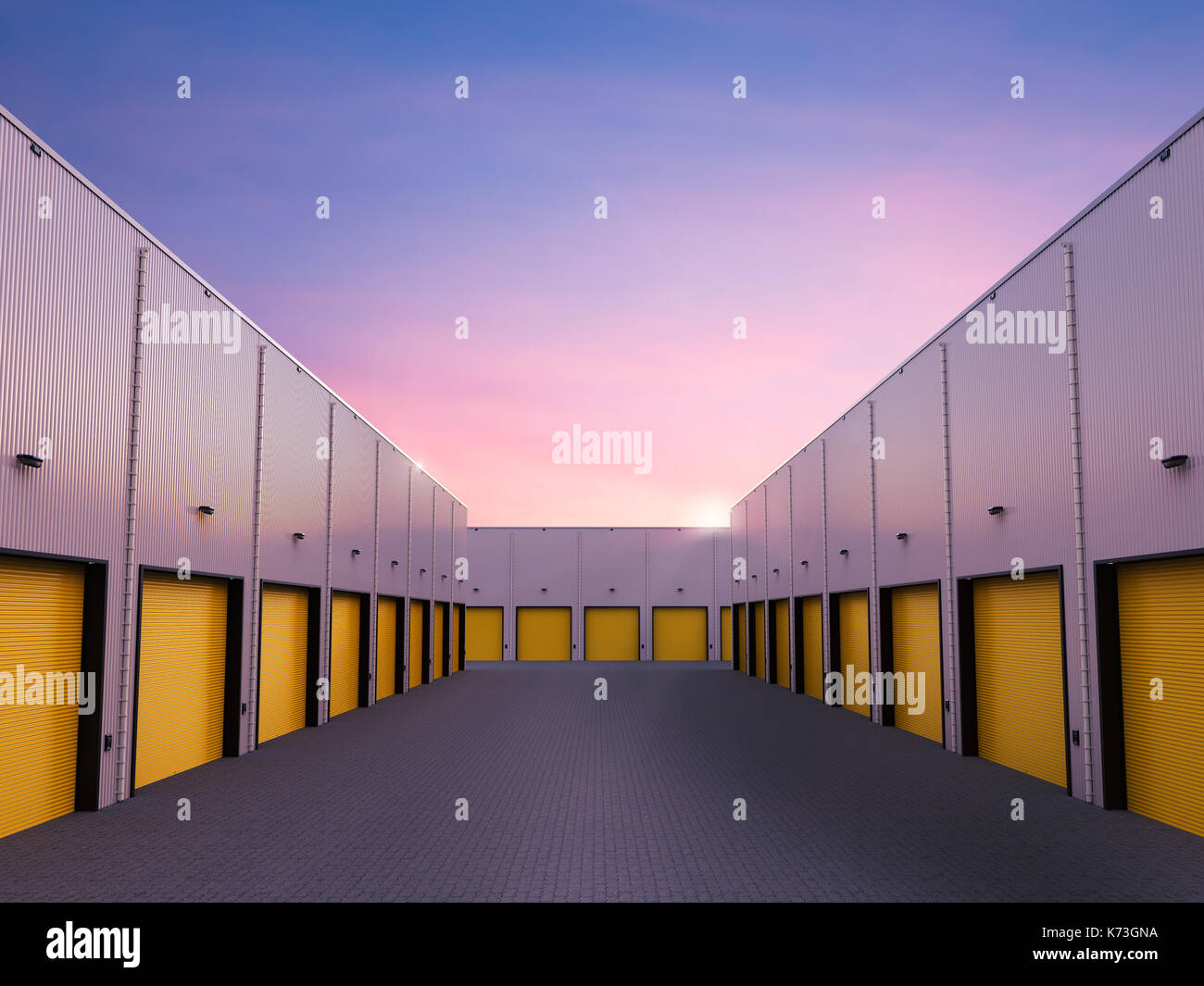 3D-rendering Lager außen mit Shutter Türen geschlossen Stockfoto