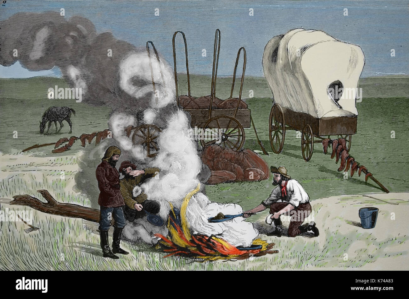 USA. Jagd auf Büffel. Der amerikanische Westen. Eine bufallo Hunter's Camp in Kansas. Gravur, 1877. Die Grafik. Stockfoto