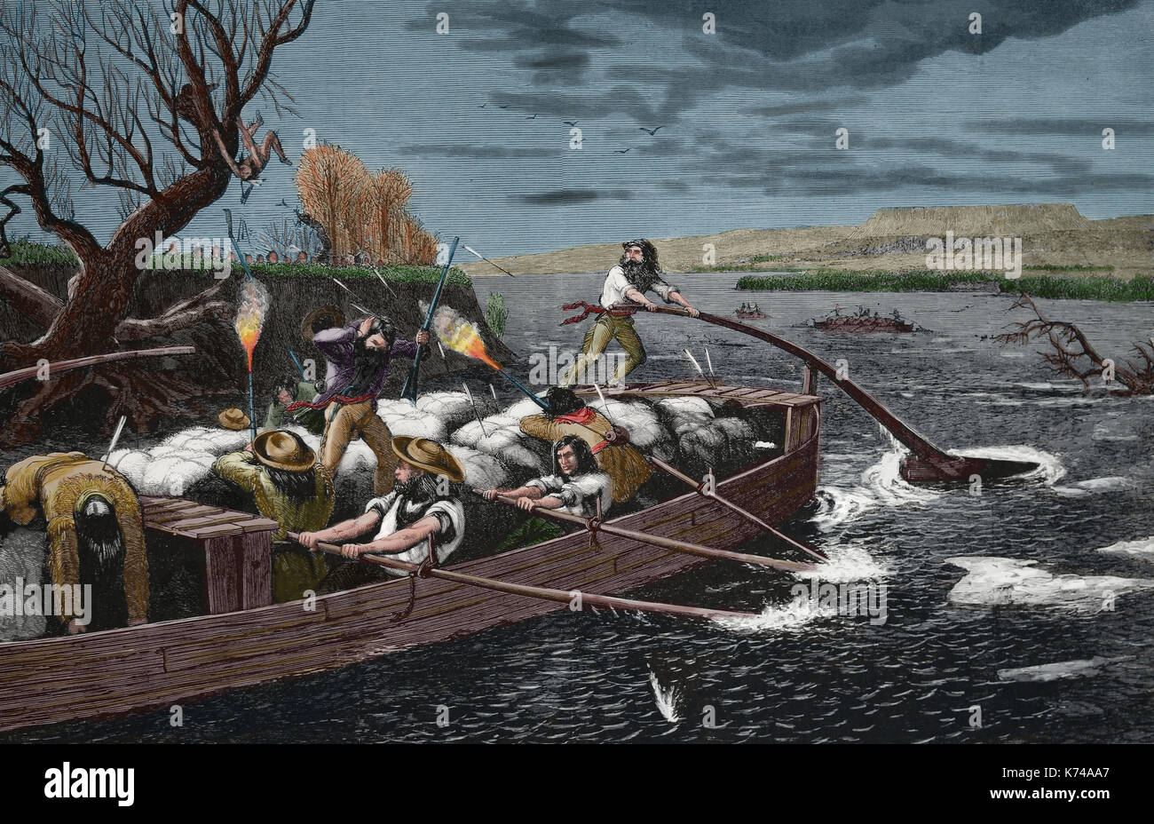 USA. Old West. Jagd auf Büffel. Händler auf dem Missouri River von Indianern angegriffen. Engravin, 1868. Farbe. Stockfoto