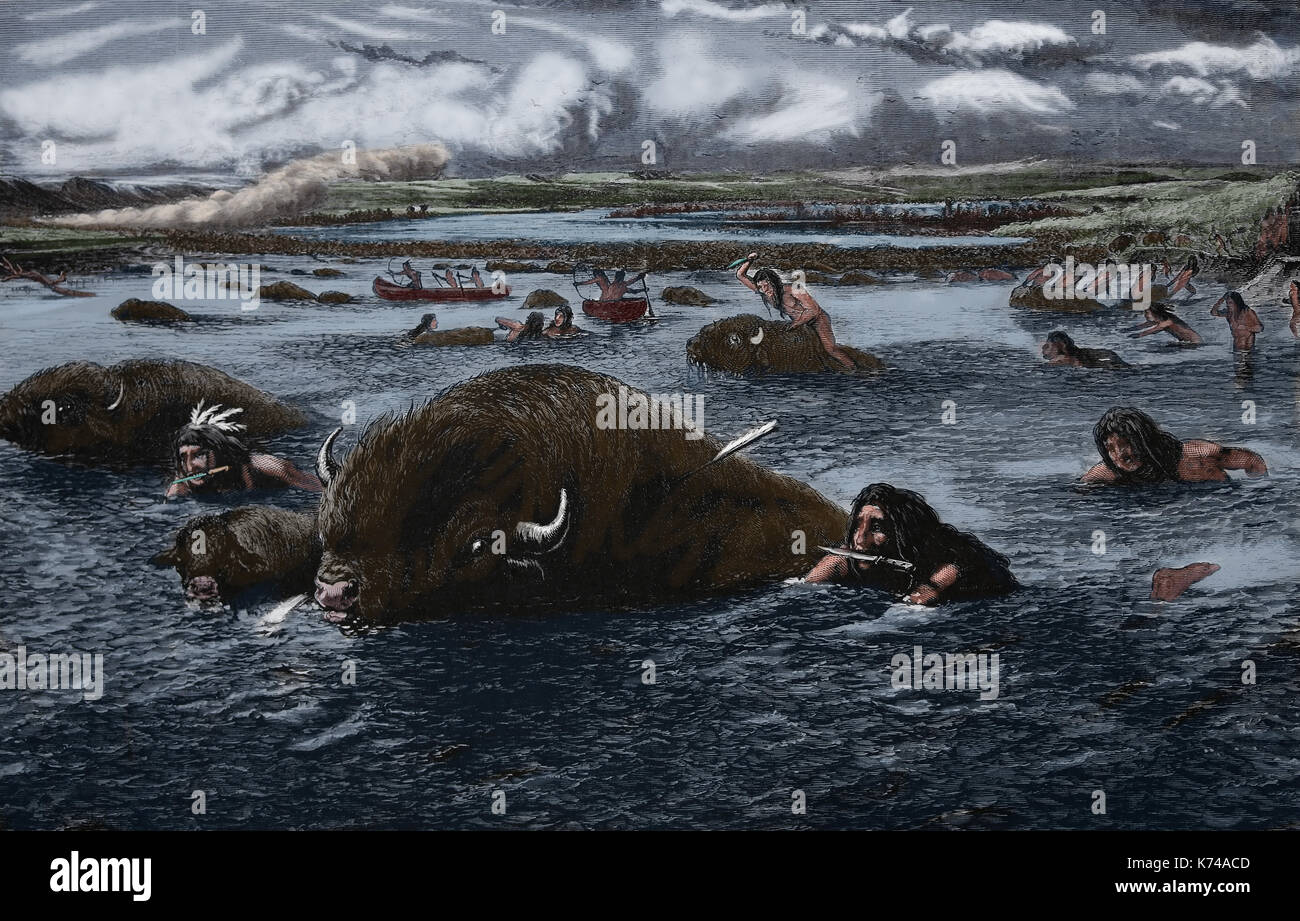 In den Vereinigten Staaten. Old West. Native Indiasn. Jagd auf Büffel in den Missouri River. Gravur. Harper's Weekly, 1874. Farbe. Stockfoto