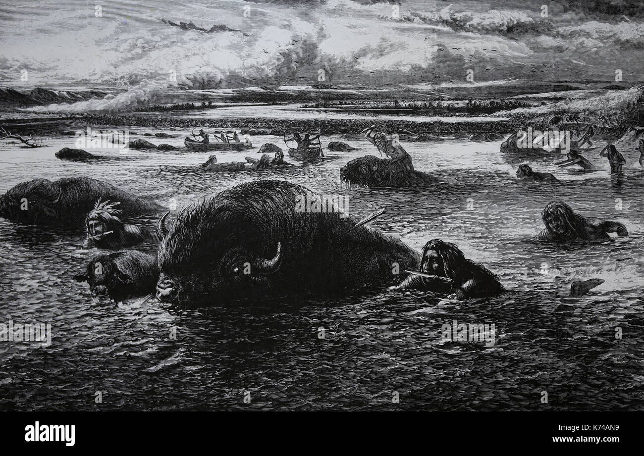 In den Vereinigten Staaten. Old West. Native Indiasn. Jagd auf Büffel in den Missouri River. Gravur. Harper's Weekly, 1874 Stockfoto