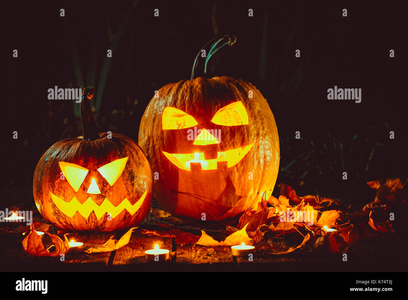 Halloween-Kürbisse Kopf Jack Laterne mit Kerzen rund um auf die alten Bretter in eine gruselige Nachtlandschaft. Soft-Fokus. flachen DOF Stockfoto