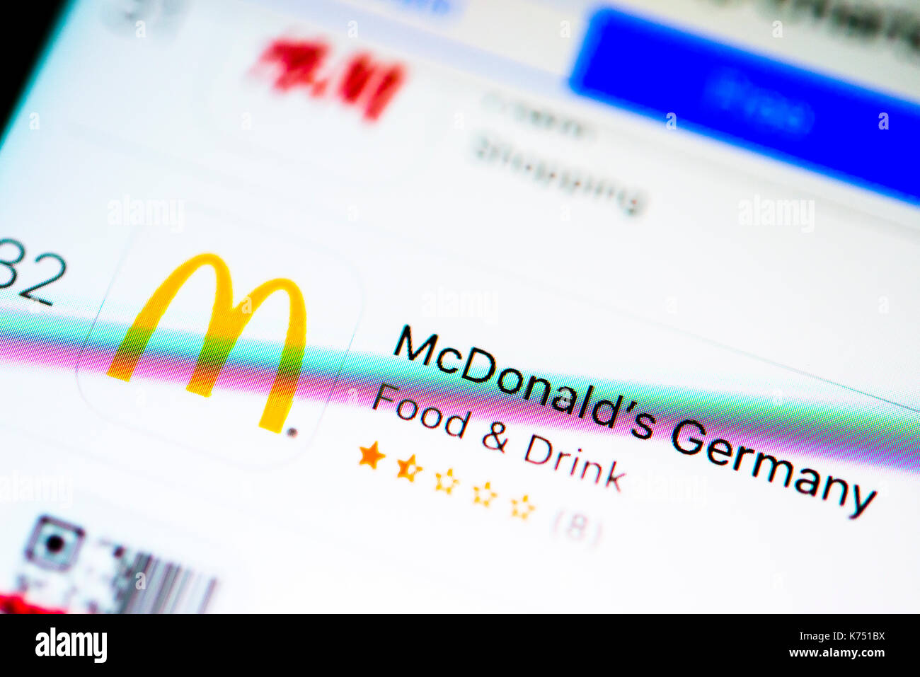 McDonald's App im Apple App Store, Anzeige auf einem Bildschirm eines Mobiltelefons, iPhone, iOS, Smartphone, Makroaufzeichnung, Details Stockfoto