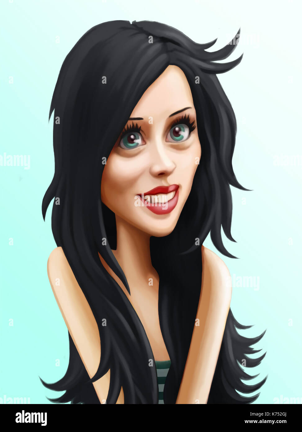 Cute Brunette Madchen Ziemlich Zeichentrickfigur Mit Schwarzem Haar Party Time Lustig Abbildung Auf Blauem Hintergrund Stockfotografie Alamy