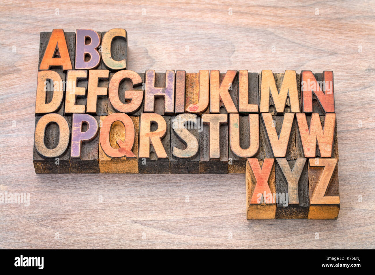 Englische alphabet Abstract in Vintage buchdruck Holz Art Klischees gegen gemasertem Holz Stockfoto