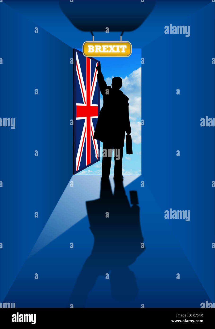 Brexit - Silhouette des Mannes in blauem Raum durch Öffnen einer Tür mit der Flagge des Vereinigten Königreichs. Abbildung Stockfoto