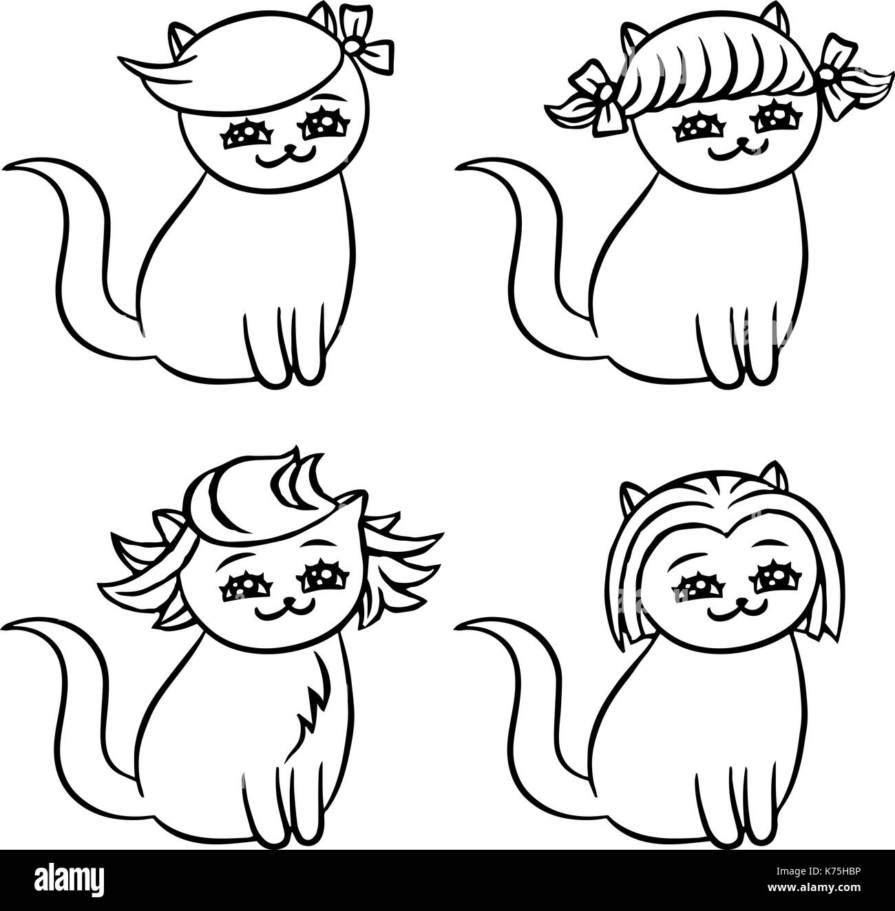 Cartoon Katzen Frisuren. lustige Cartoon Fell Charakter. Sammlung awesome feline Haarschnitte. isolierte Vector Illustration. Stock Vektor