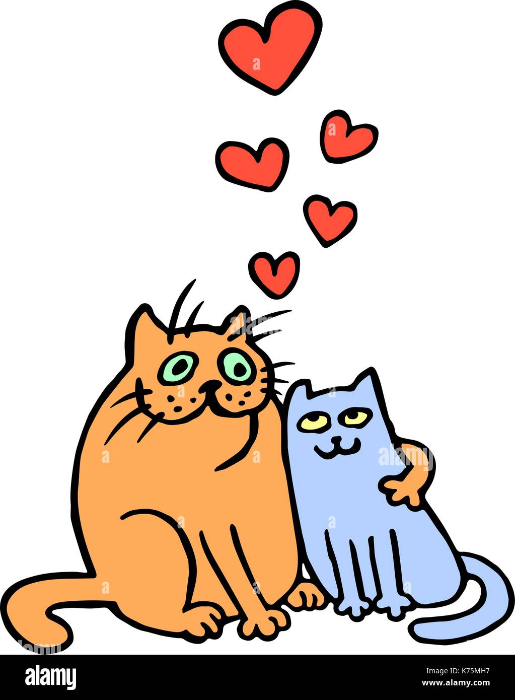 Süße verliebte Katzen in gelben und blauen Farbtönen. Romantische Stimmung.  niedlich liebe. Freehand digital Maßbild. isolierte Vector Illustration  Stock-Vektorgrafik - Alamy