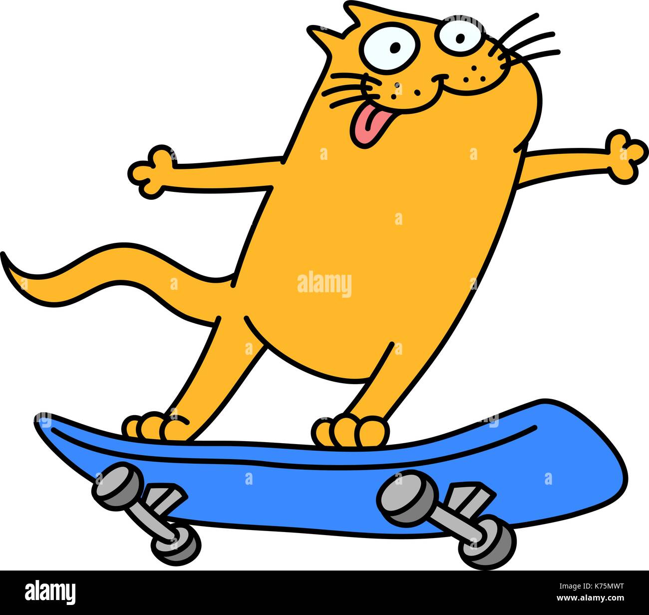 Cat reitet ein Skateboard. lustige Cartoon Charakter. orange und blau Farben. isolierte Vector Illustration. Stock Vektor