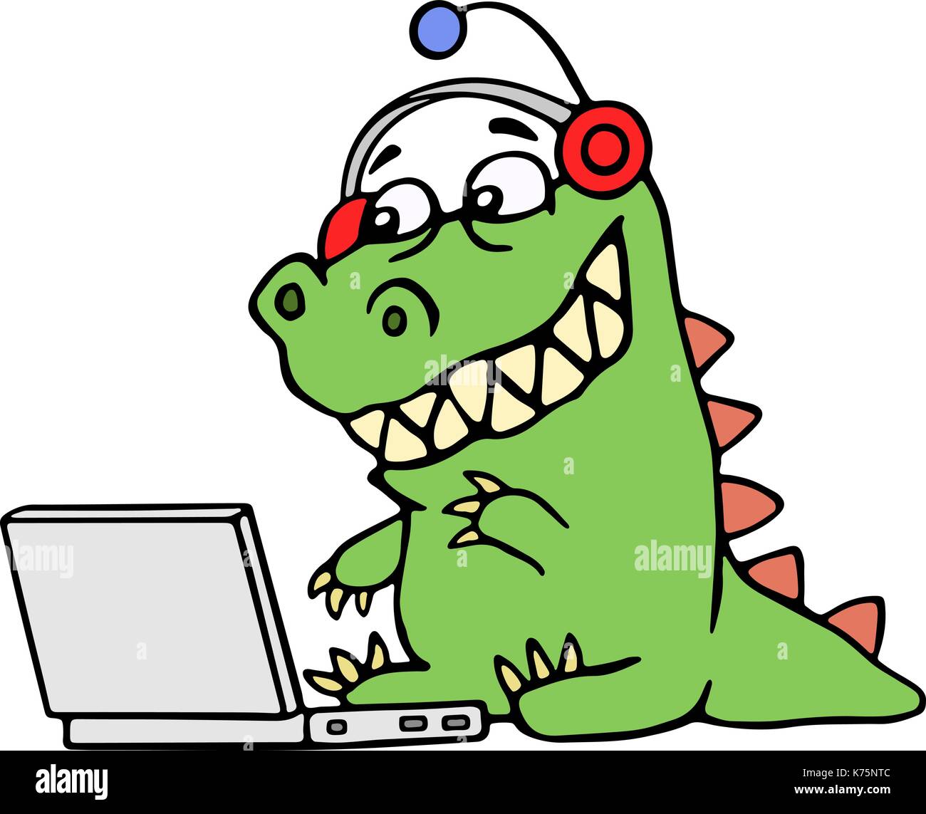 Cartoon grüne Dinosaurier an der silbernen Laptop sitzen. Vector Illustration. digitale Zeichnung cute imaginären Charakter. Stock Vektor