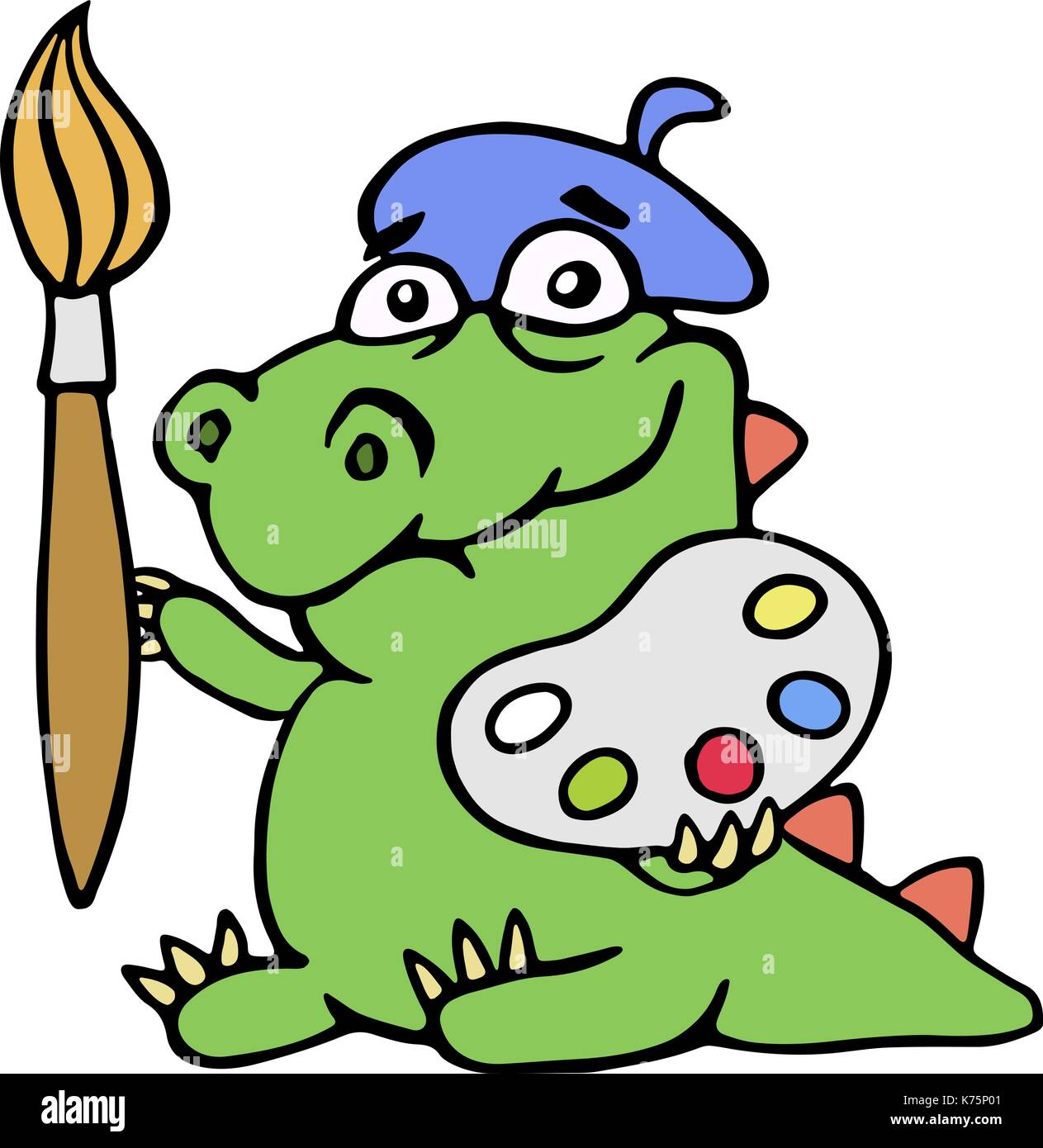 Niedliche Dinosaurier Künstler Maler mit Pinsel und Palette von Farben. Vector Illustration. cartoon Charakter. Stock Vektor
