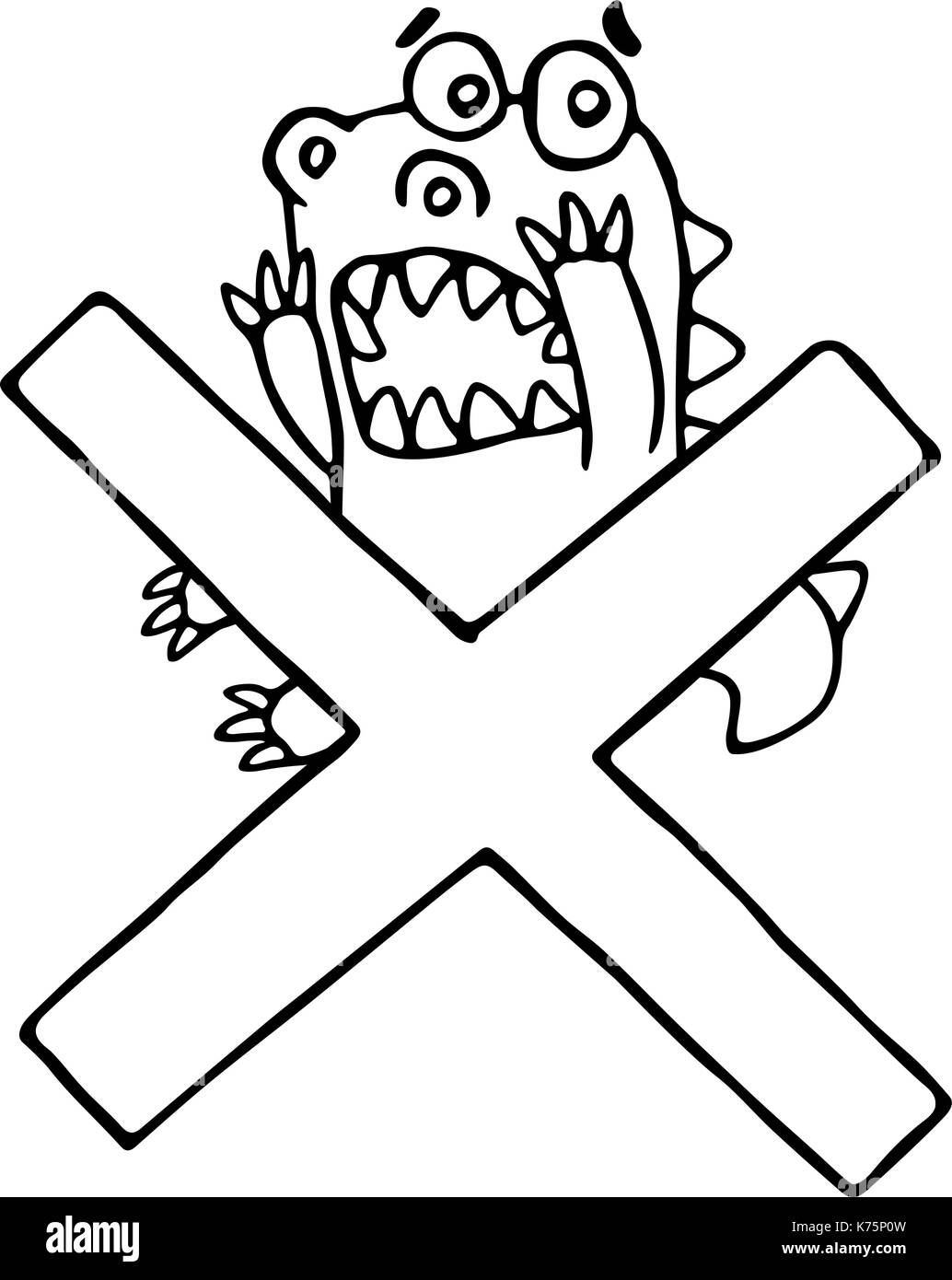 Cartoon funky Dragon und großes Kreuz kennzeichnen. Vector Illustration. Lustig niedlich imaginären Charakter auf isolierten Hintergrund. Stock Vektor