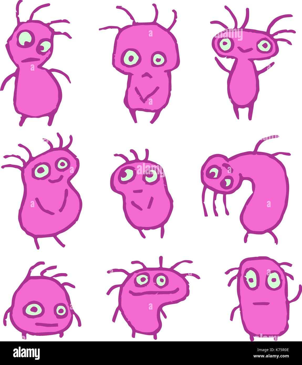 Rosa Dinge verrückt Emoticons eingestellt. lustige Cartoon cool Zeichen. Kontur Freihand Zeichnung niedlichen Monster. Sammlung Kreaturen für Web Icons und Hemden. Stock Vektor