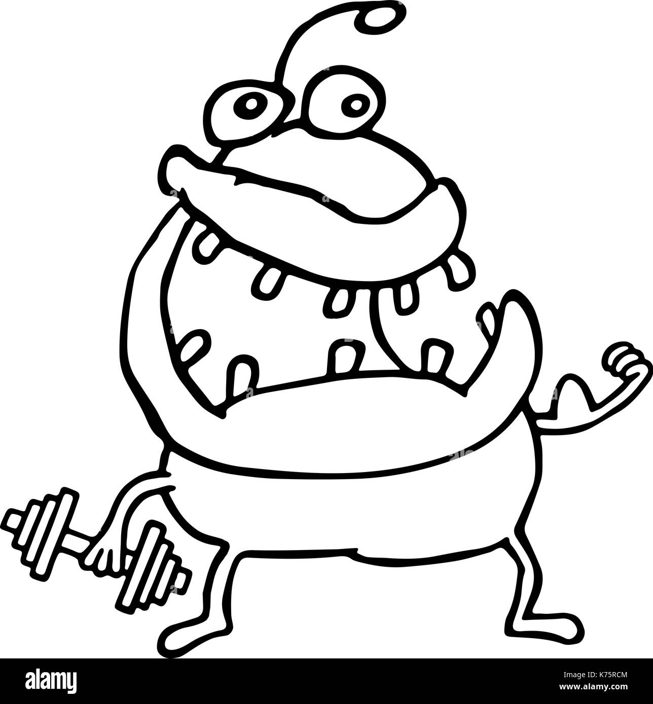 Lustige alien Monster hält eine Hantel. Sport. cute cartoon Charakter. Vector Illustration. Stock Vektor
