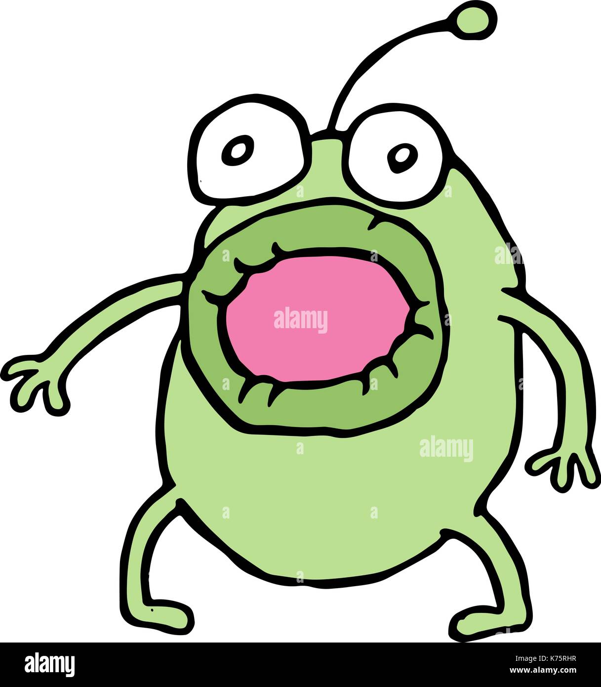 Erstaunt grüne Alien öffnete seinen Mund. Schrecken und Angst. cute cartoon Charakter. Vector Illustration. Stock Vektor