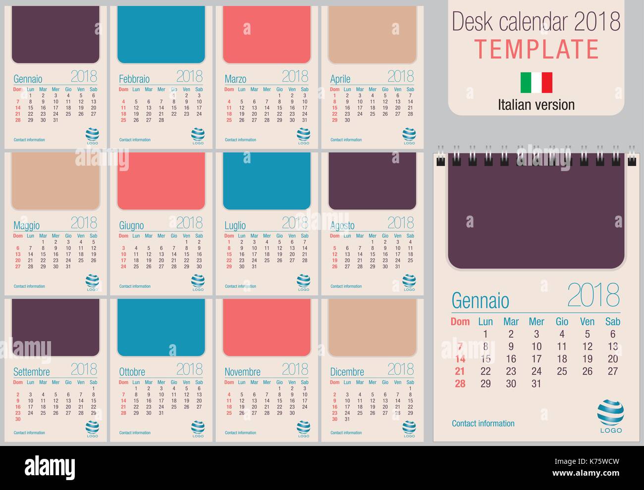 Nützliche Tischkalender 2018 Vorlage in Pastellfarben, bereit zum Drucken auf Laser- oder Offsetdruck. Größe: 150 mm x 210 mm. Format A5 hoch. Italienische Version Stock Vektor