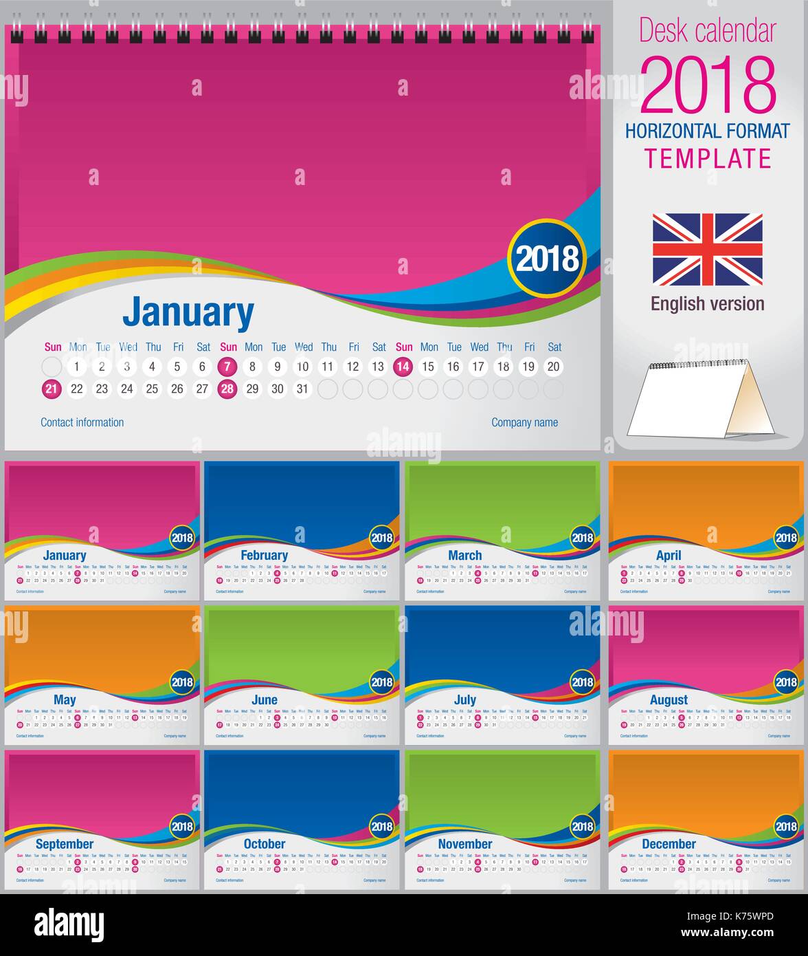 Schreibtisch Dreieck Kalender 2018 bunte Vorlage. Größe: 210 mm x 150 mm. Format A5. Vektor Bild. Englische Version Stock Vektor