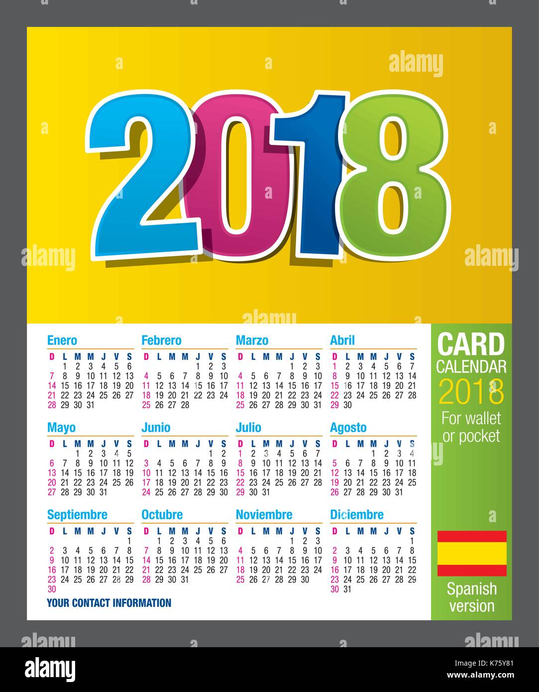 Nützliche zweiseitige Karte Kalender 2018 für Brieftasche oder in der  Tasche, die in voller Farbe. Größe: 9 cm x 5,5 cm. Spanische Version  Stock-Vektorgrafik - Alamy