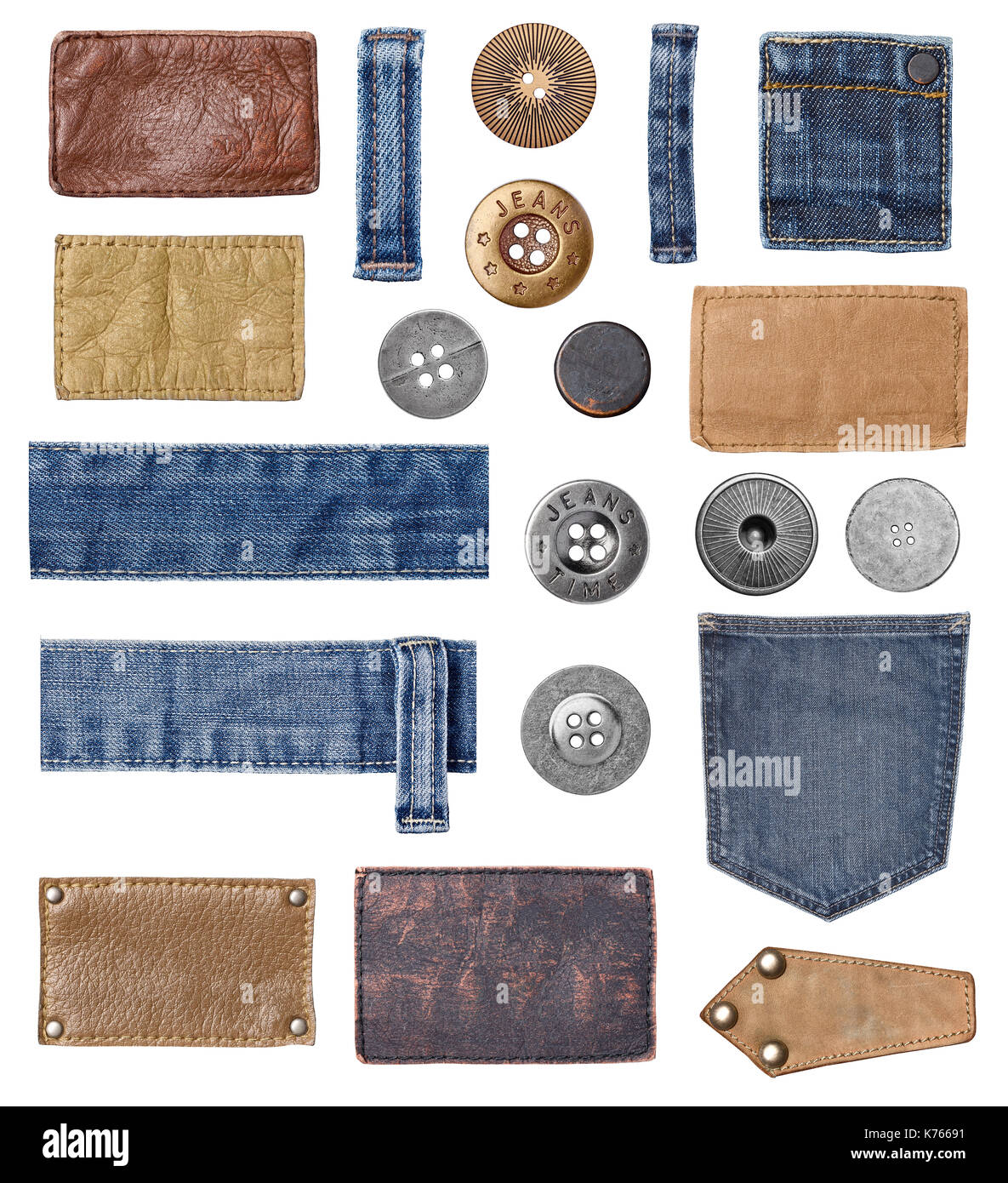Sammlung von verschiedenen jeans Teile und Tasten Stockfoto