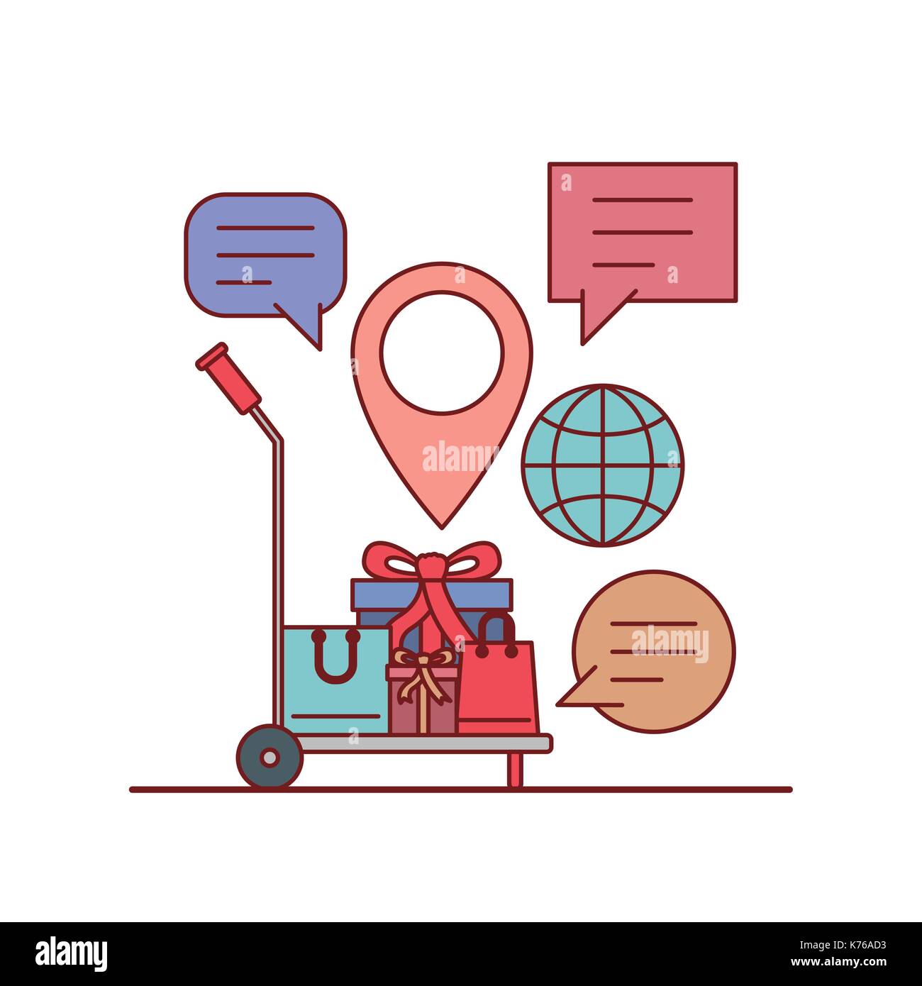 Geschenk und Einkaufstaschen in Spedition e-commerce Shop online auf weißem Hintergrund Stock Vektor