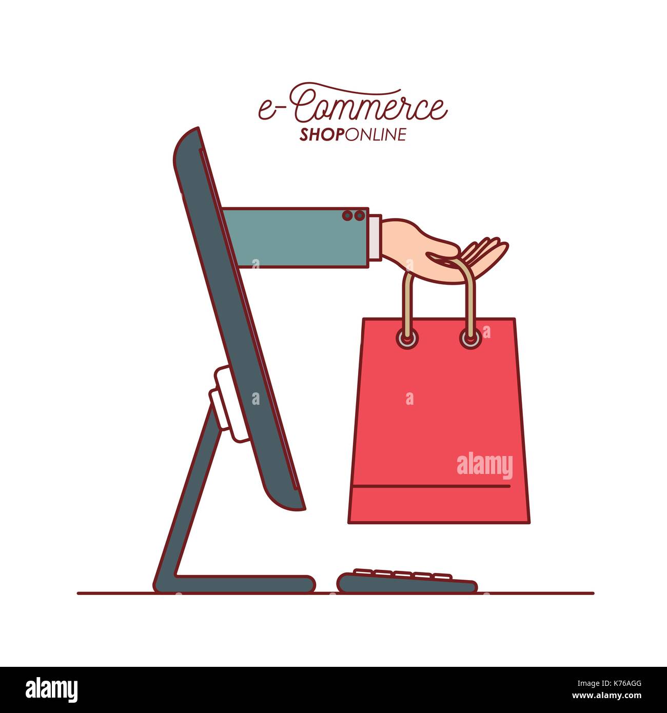 Desktop Computer mit Hand eine Tasche shopping Seite e-commerce Shop online auf weißem Hintergrund Stock Vektor